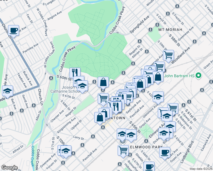 map of restaurants, bars, coffee shops, grocery stores, and more near 6332 Regent Street in Philadelphia