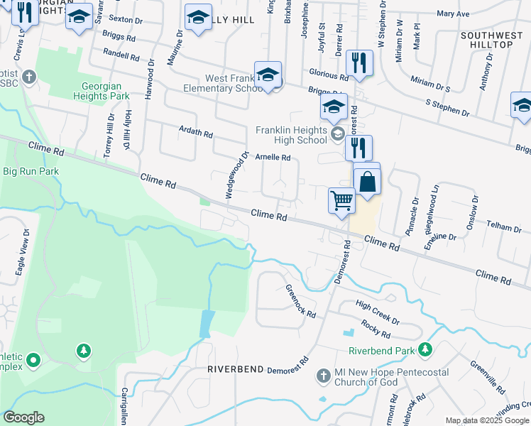 map of restaurants, bars, coffee shops, grocery stores, and more near 3714 Clime Road in Columbus
