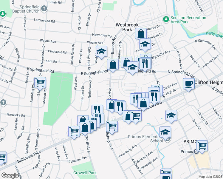 map of restaurants, bars, coffee shops, grocery stores, and more near 141 North Bishop Avenue in Clifton Heights
