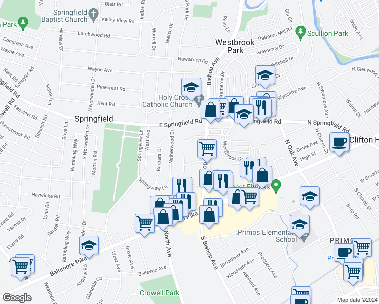 map of restaurants, bars, coffee shops, grocery stores, and more near 632 Hill Farm Lane in Springfield