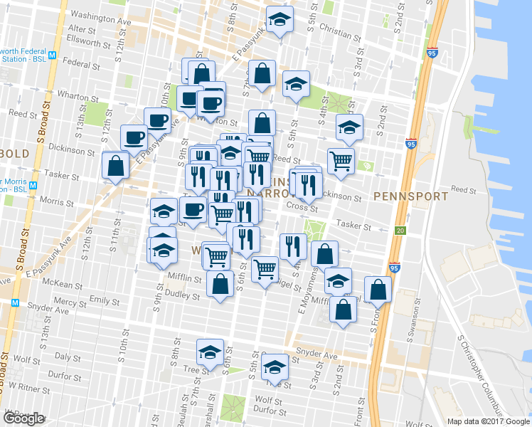 map of restaurants, bars, coffee shops, grocery stores, and more near 526 Tasker Street in Philadelphia