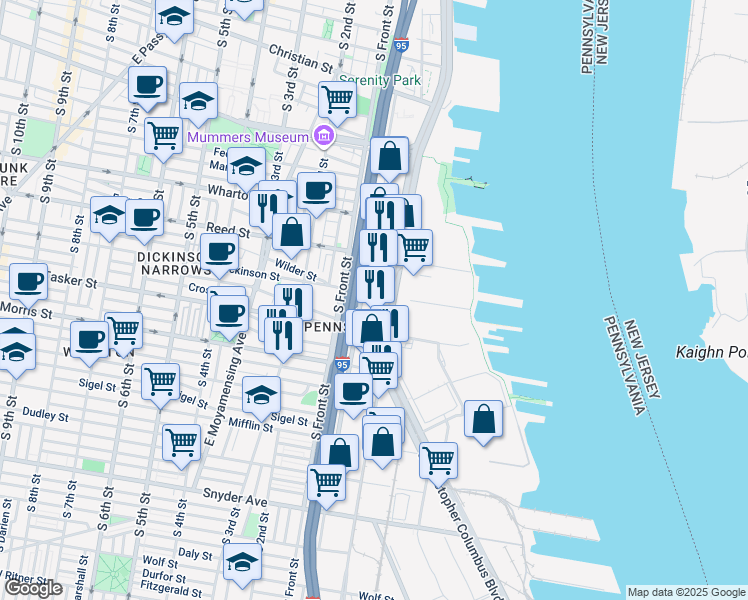 map of restaurants, bars, coffee shops, grocery stores, and more near 1500 South Christopher Columbus Boulevard in Philadelphia