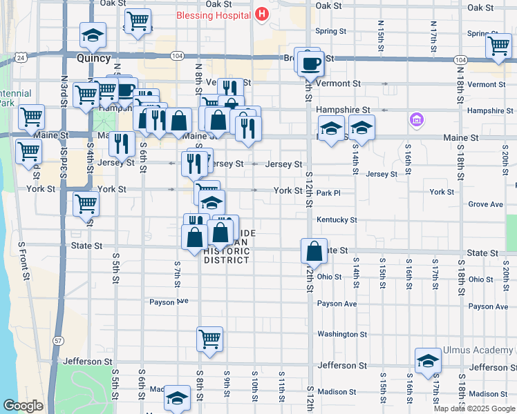 map of restaurants, bars, coffee shops, grocery stores, and more near 317 South 10th Street in Quincy