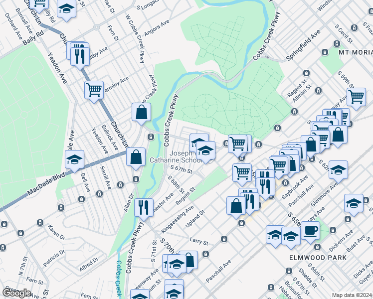 map of restaurants, bars, coffee shops, grocery stores, and more near 6526 Windsor Street in Philadelphia