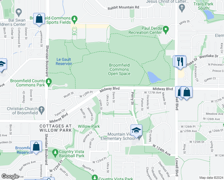 map of restaurants, bars, coffee shops, grocery stores, and more near 12705 Davis Street in Broomfield