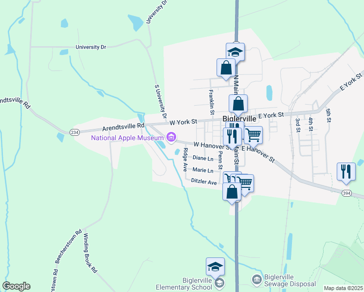 map of restaurants, bars, coffee shops, grocery stores, and more near 142 West Hanover Street in Biglerville
