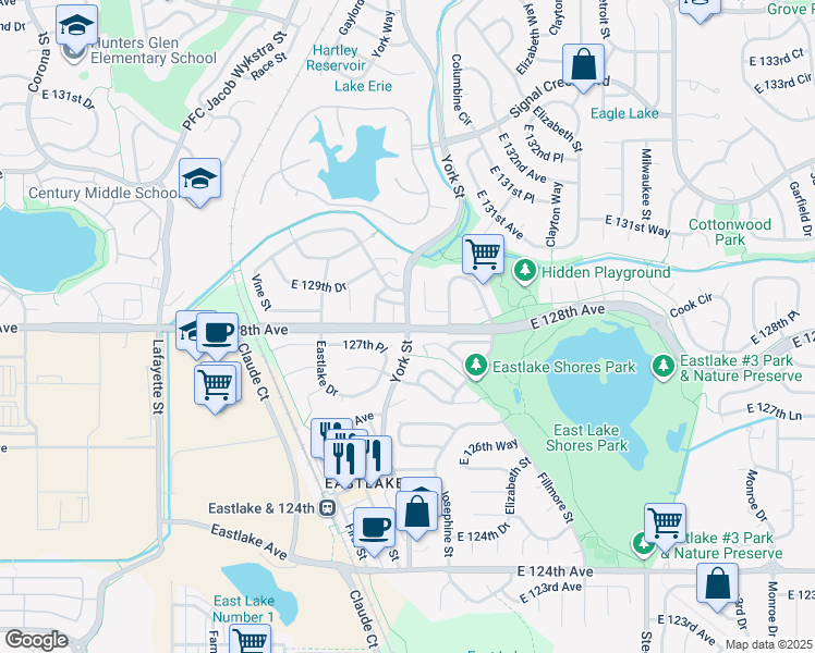 map of restaurants, bars, coffee shops, grocery stores, and more near York Street in Denver
