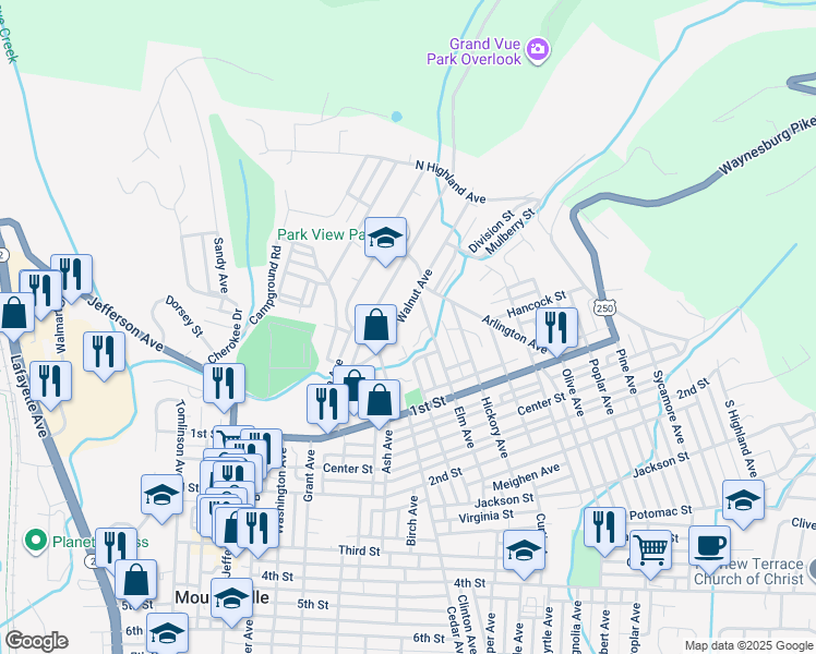 map of restaurants, bars, coffee shops, grocery stores, and more near 6 Walnut Ave in Moundsville