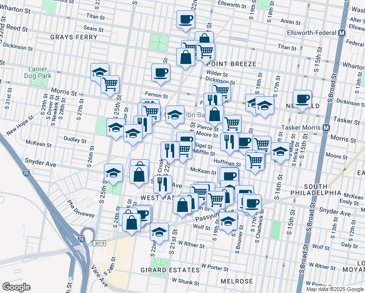 map of restaurants, bars, coffee shops, grocery stores, and more near 2117 Mifflin Street in Philadelphia