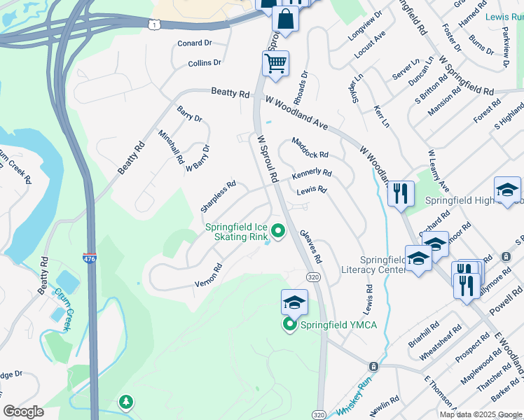map of restaurants, bars, coffee shops, grocery stores, and more near 506 Cheyney Road in Springfield