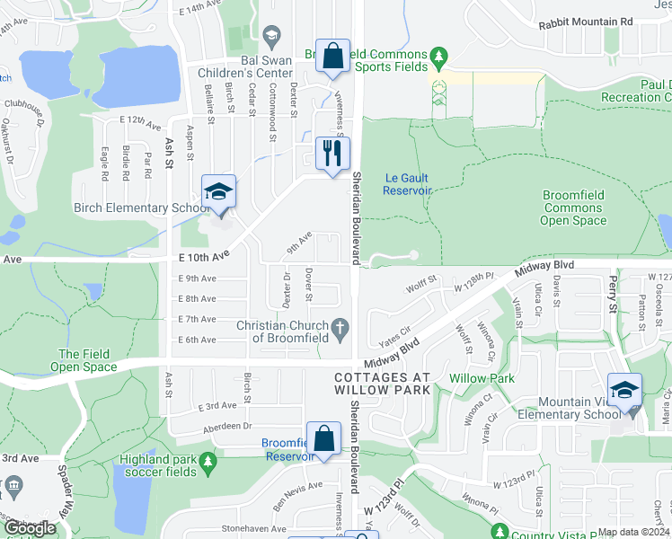map of restaurants, bars, coffee shops, grocery stores, and more near 1140 East 9th Avenue in Broomfield