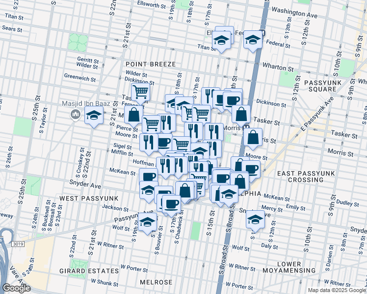 map of restaurants, bars, coffee shops, grocery stores, and more near 1804 South 17th Street in Philadelphia