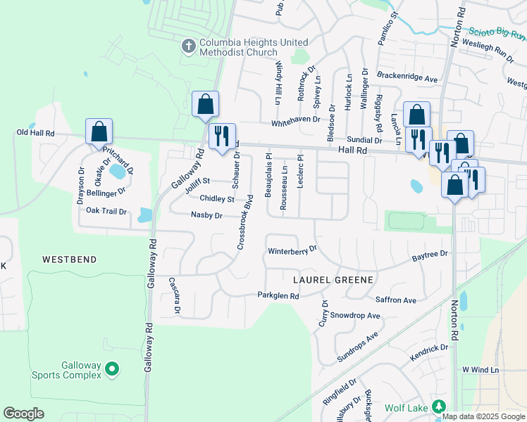 map of restaurants, bars, coffee shops, grocery stores, and more near 1107 Beaujolais Place in Galloway
