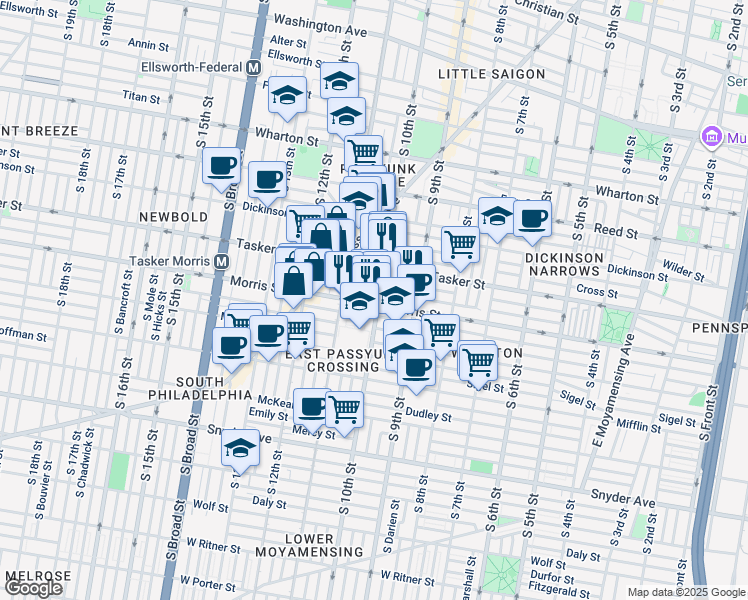 map of restaurants, bars, coffee shops, grocery stores, and more near 1638 South 10th Street in Philadelphia