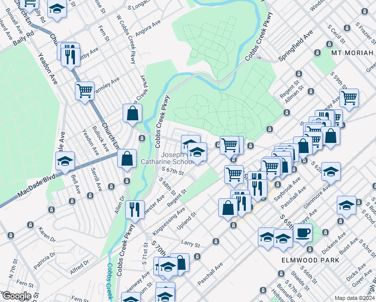 map of restaurants, bars, coffee shops, grocery stores, and more near 6526 Windsor Street in Philadelphia