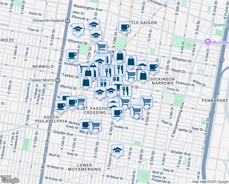 map of restaurants, bars, coffee shops, grocery stores, and more near 910 Mountain Street in Philadelphia