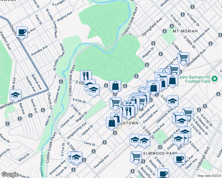 map of restaurants, bars, coffee shops, grocery stores, and more near 1925 South 65th Street in Philadelphia