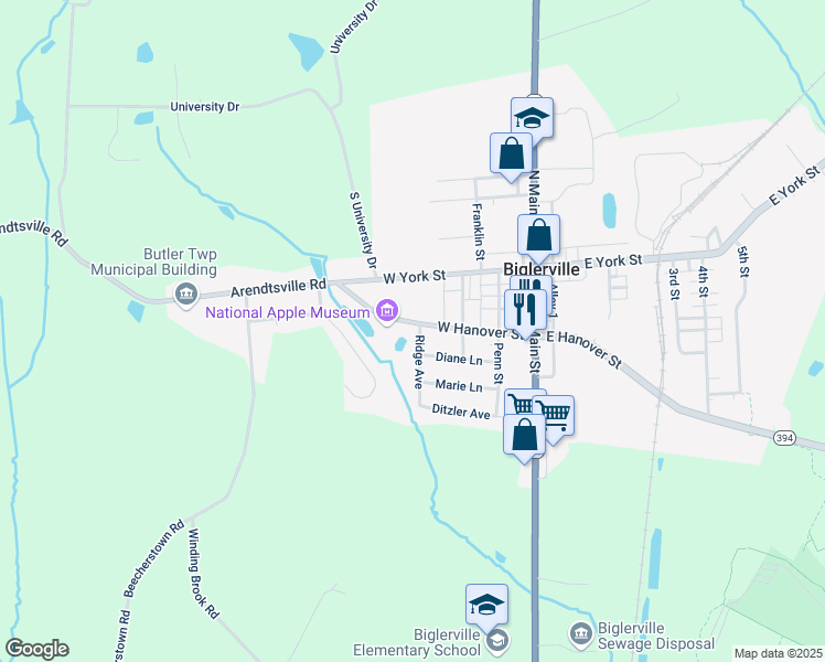 map of restaurants, bars, coffee shops, grocery stores, and more near 142 West Hanover Street in Biglerville