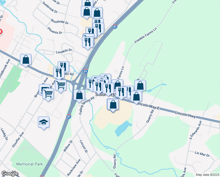 map of restaurants, bars, coffee shops, grocery stores, and more near Franklin Farm Lane in Chambersburg