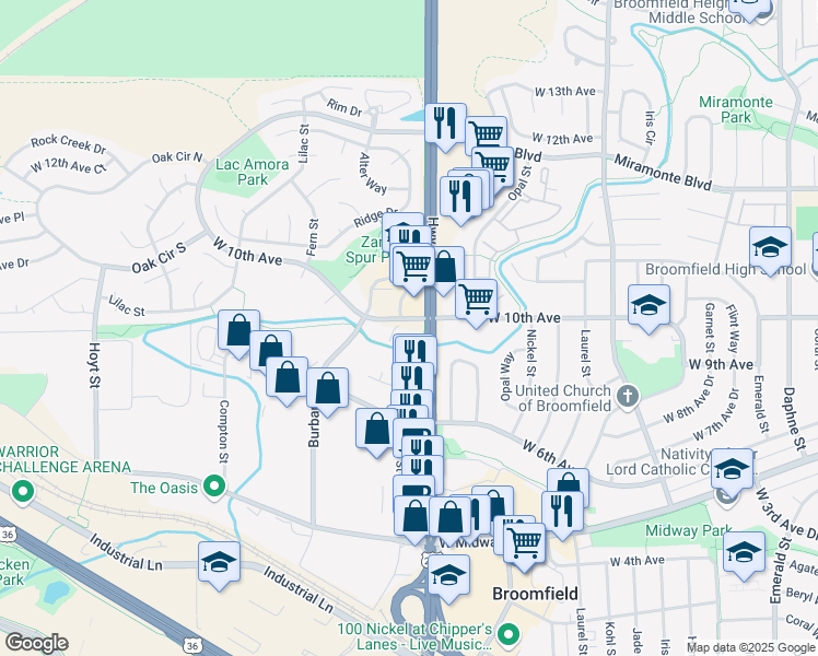 map of restaurants, bars, coffee shops, grocery stores, and more near in Broomfield