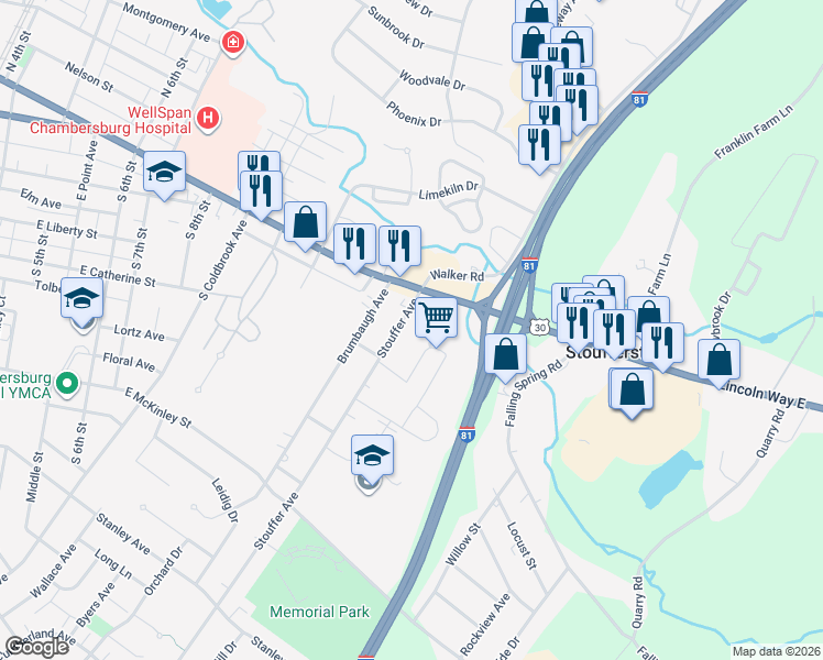 map of restaurants, bars, coffee shops, grocery stores, and more near 320 Stouffer Avenue in Chambersburg