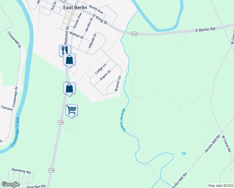 map of restaurants, bars, coffee shops, grocery stores, and more near 176 Branch Circle in East Berlin