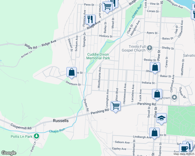 map of restaurants, bars, coffee shops, grocery stores, and more near 751 Westbourne Avenue in Zanesville