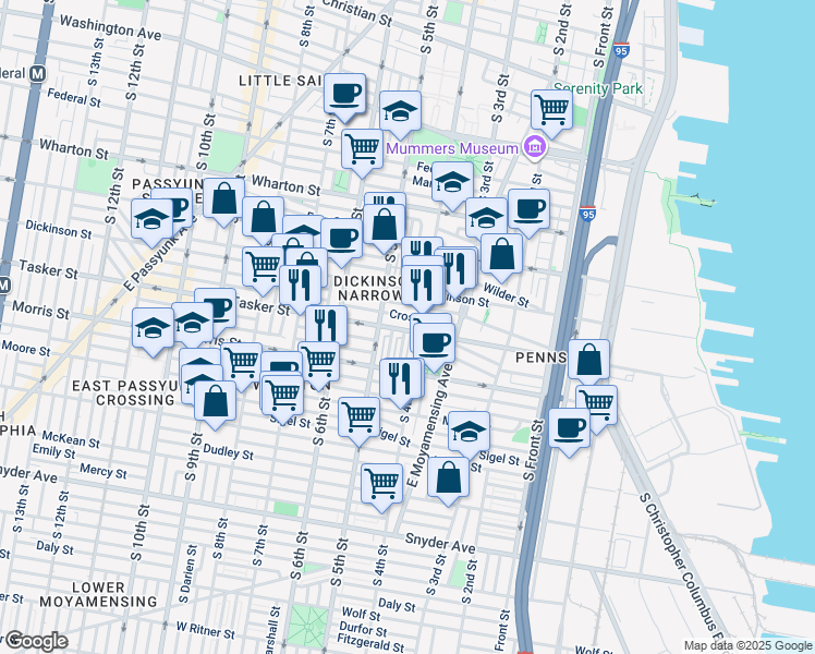 map of restaurants, bars, coffee shops, grocery stores, and more near 413 Tasker Street in Philadelphia