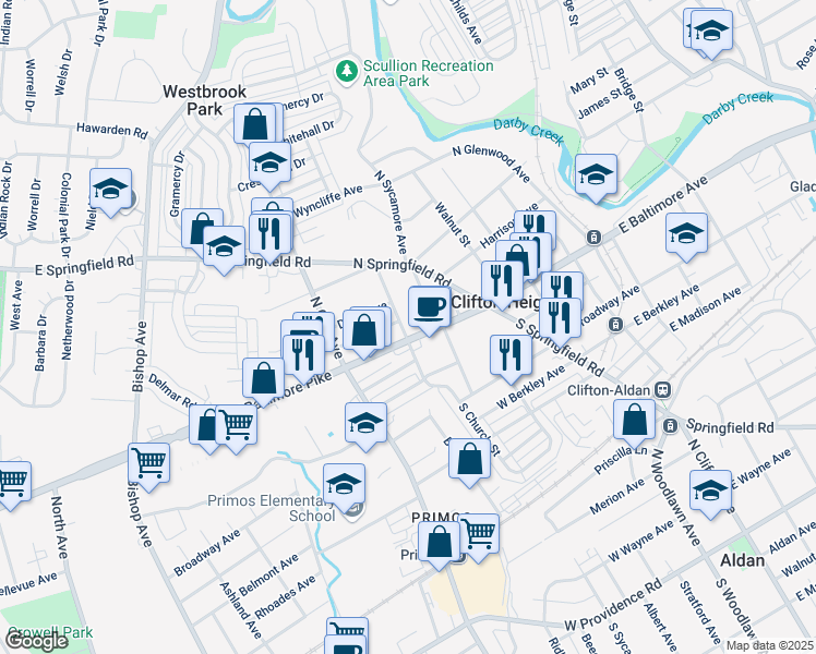map of restaurants, bars, coffee shops, grocery stores, and more near 199 West Baltimore Pike in Clifton Heights