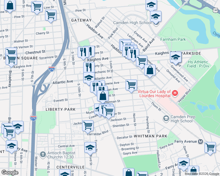 map of restaurants, bars, coffee shops, grocery stores, and more near 1185 Whitman Avenue in Camden