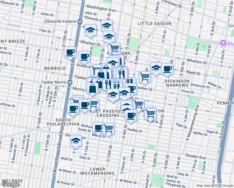 map of restaurants, bars, coffee shops, grocery stores, and more near 1638 South 10th Street in Philadelphia