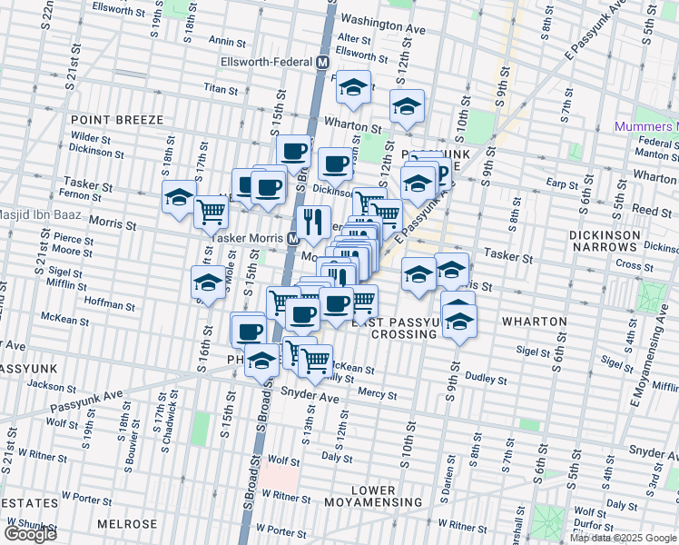 map of restaurants, bars, coffee shops, grocery stores, and more near 1719 South 13th Street in Philadelphia