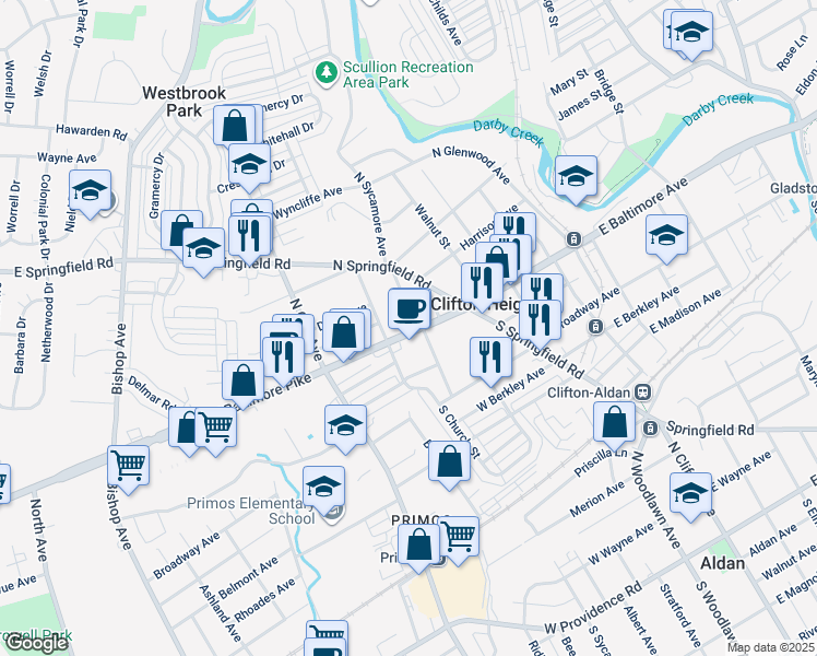 map of restaurants, bars, coffee shops, grocery stores, and more near 4 North Sycamore Avenue in Clifton Heights