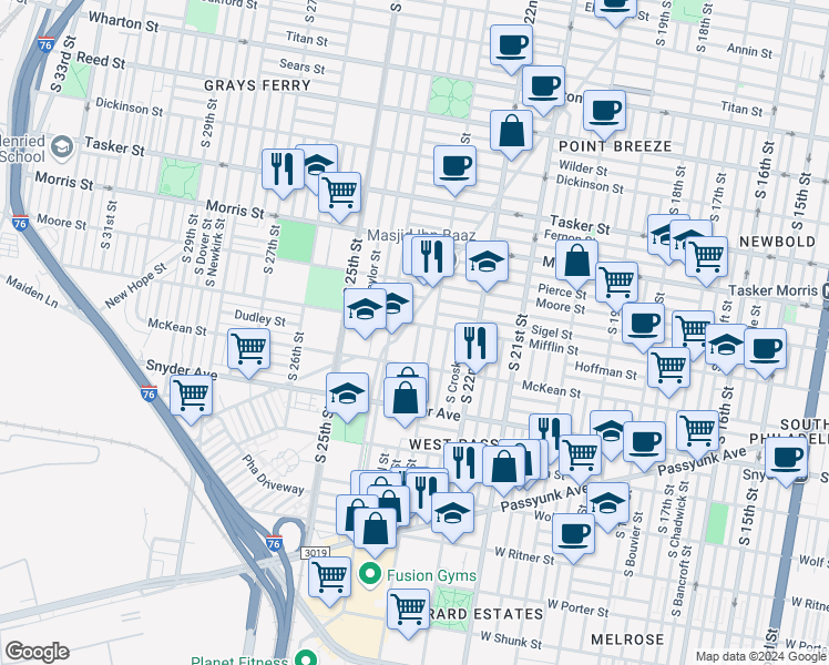 map of restaurants, bars, coffee shops, grocery stores, and more near 1908 South Bonsall Street in Philadelphia