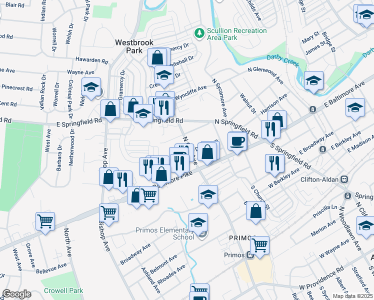 map of restaurants, bars, coffee shops, grocery stores, and more near 309 Davis Avenue in Clifton Heights