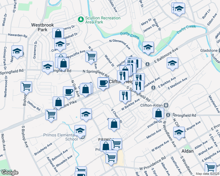 map of restaurants, bars, coffee shops, grocery stores, and more near 44 West Baltimore Pike in Clifton Heights