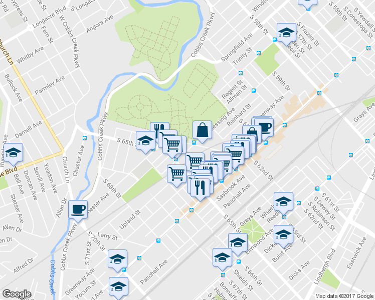 map of restaurants, bars, coffee shops, grocery stores, and more near 6313 Kingsessing Avenue in Philadelphia