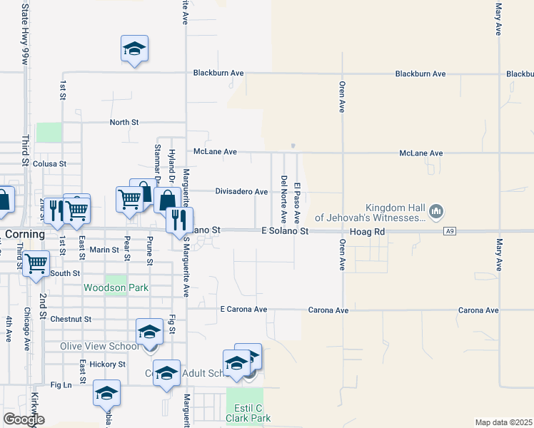 map of restaurants, bars, coffee shops, grocery stores, and more near 732 El Verano Ave in Corning