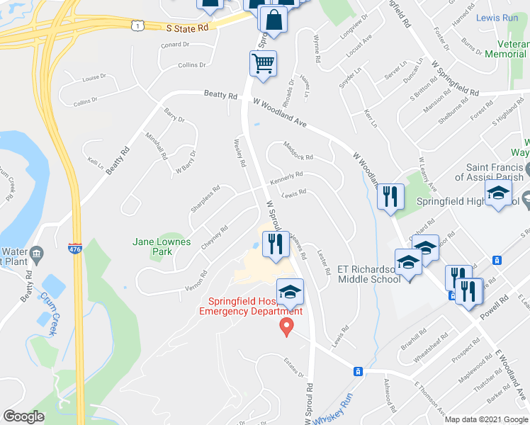 map of restaurants, bars, coffee shops, grocery stores, and more near 483 Wesley Road in Springfield