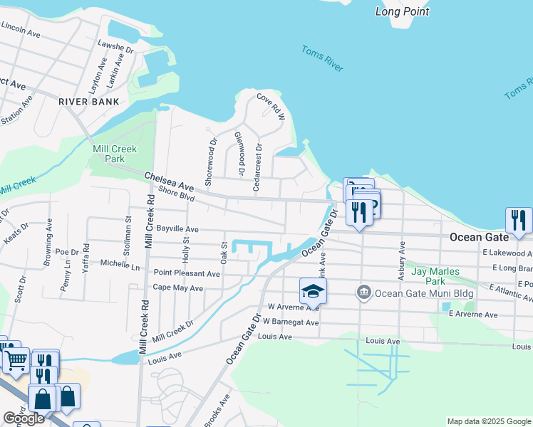 map of restaurants, bars, coffee shops, grocery stores, and more near 263 Shore Boulevard in Berkeley Township