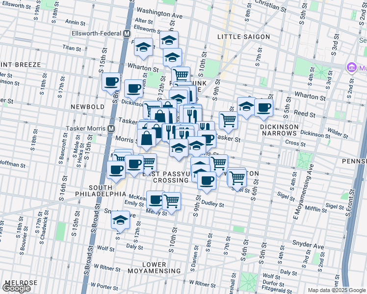 map of restaurants, bars, coffee shops, grocery stores, and more near 1003 Morris Street in Philadelphia