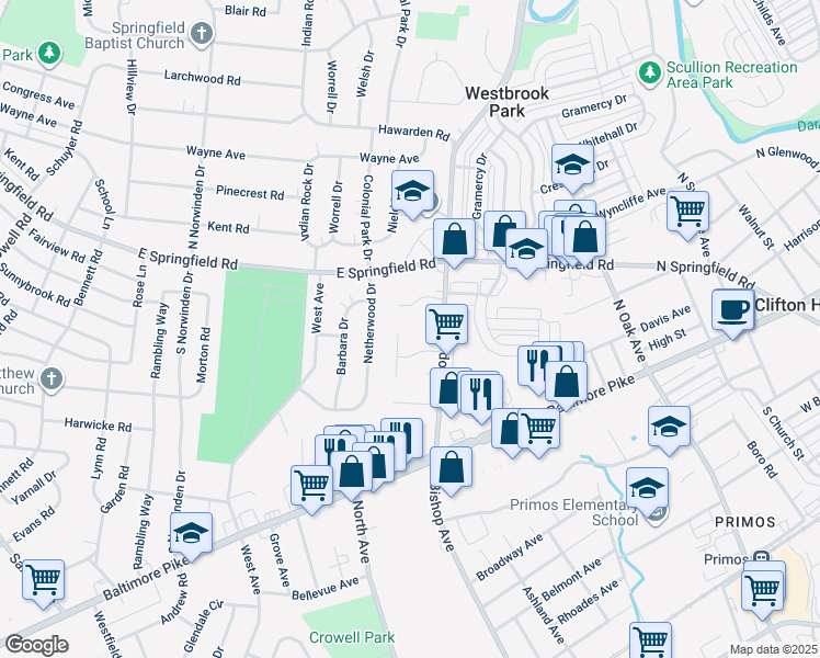 map of restaurants, bars, coffee shops, grocery stores, and more near 632 Hill Farm Lane in Springfield