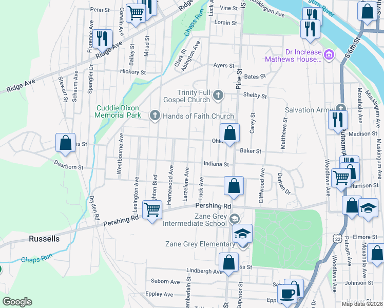 map of restaurants, bars, coffee shops, grocery stores, and more near 736 Larzelere Avenue in Zanesville