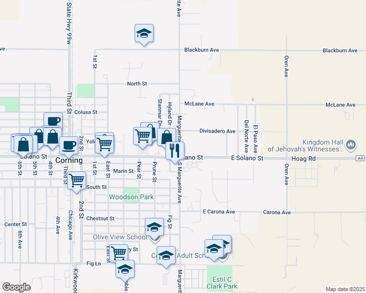 map of restaurants, bars, coffee shops, grocery stores, and more near 691 Marguerite Avenue in Corning