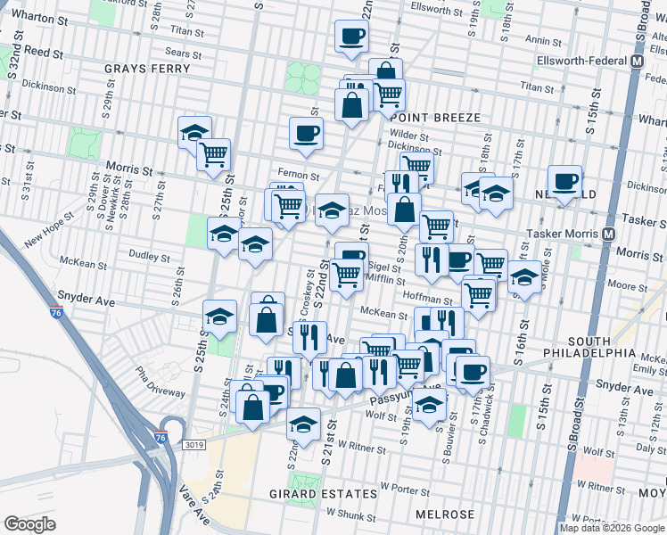 map of restaurants, bars, coffee shops, grocery stores, and more near 2129 Mifflin Street in Philadelphia