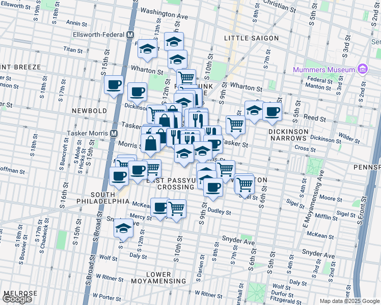 map of restaurants, bars, coffee shops, grocery stores, and more near 1640 South 10th Street in Philadelphia