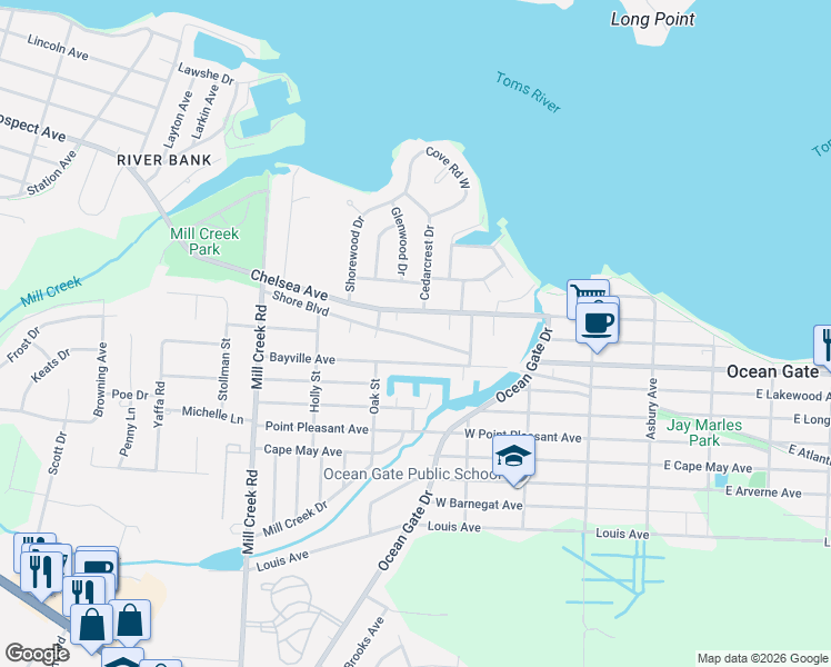 map of restaurants, bars, coffee shops, grocery stores, and more near 244 Shore Boulevard in Ocean County