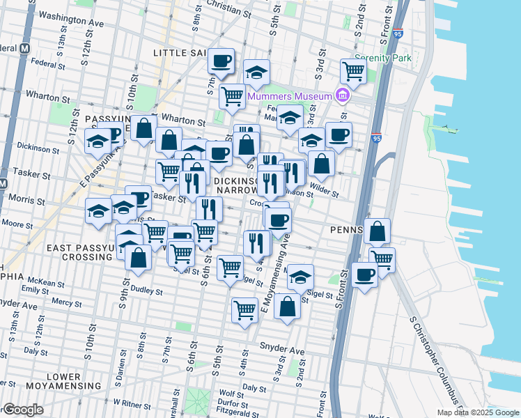 map of restaurants, bars, coffee shops, grocery stores, and more near 413 Tasker Street in Philadelphia