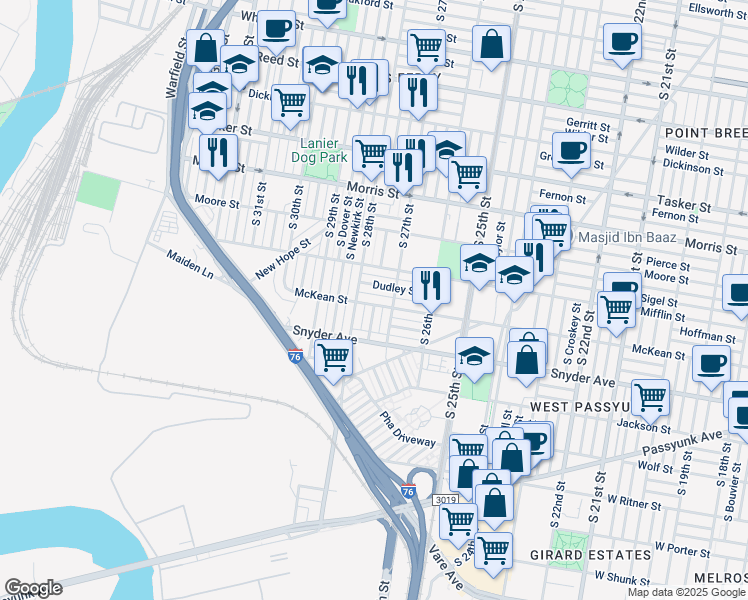 map of restaurants, bars, coffee shops, grocery stores, and more near 2729 McKean Street in Philadelphia