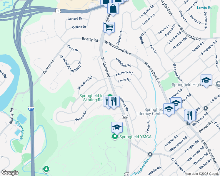 map of restaurants, bars, coffee shops, grocery stores, and more near 483 Wesley Road in Springfield